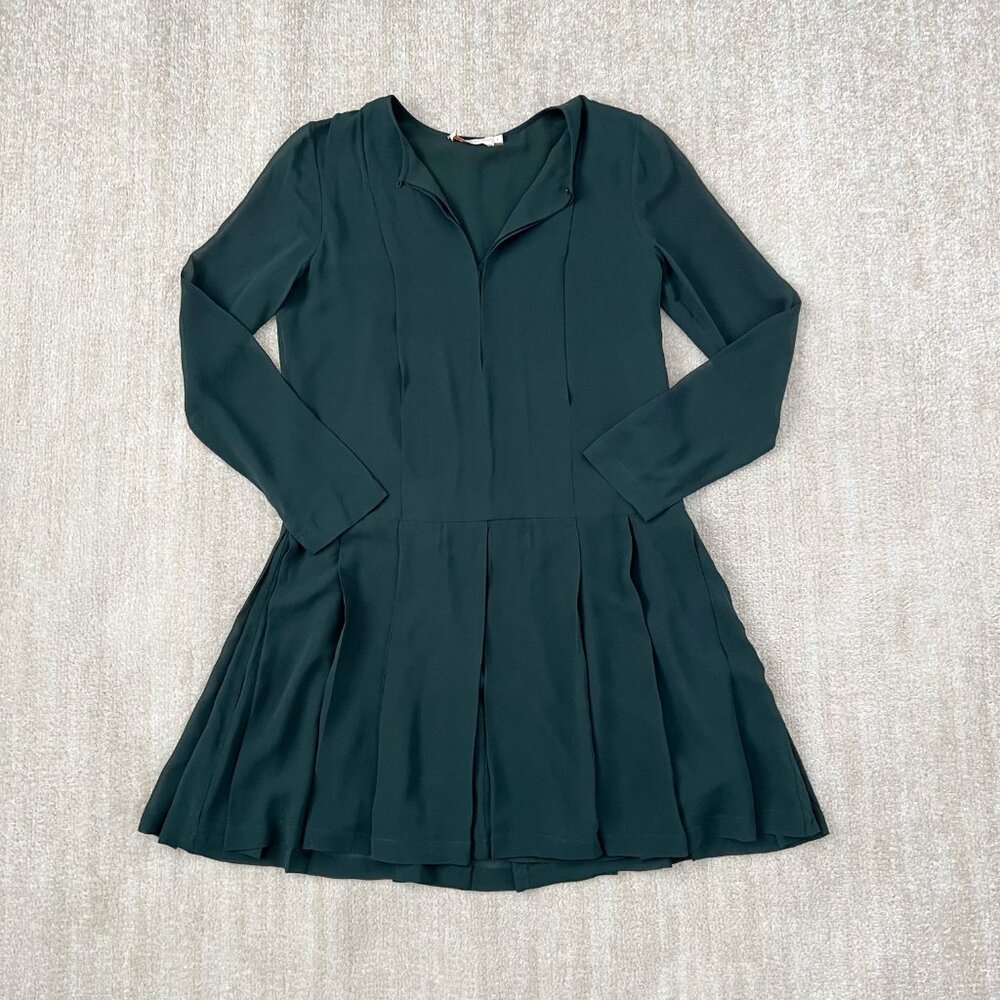 Tory Burch Silk Long Sleeve Pleated Midi Tennis Dress 4 Green